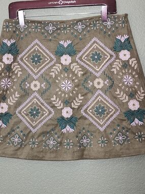 Savanna Jane Taupe Embroidered A-Line Skirt with Pink & Teal Motifs